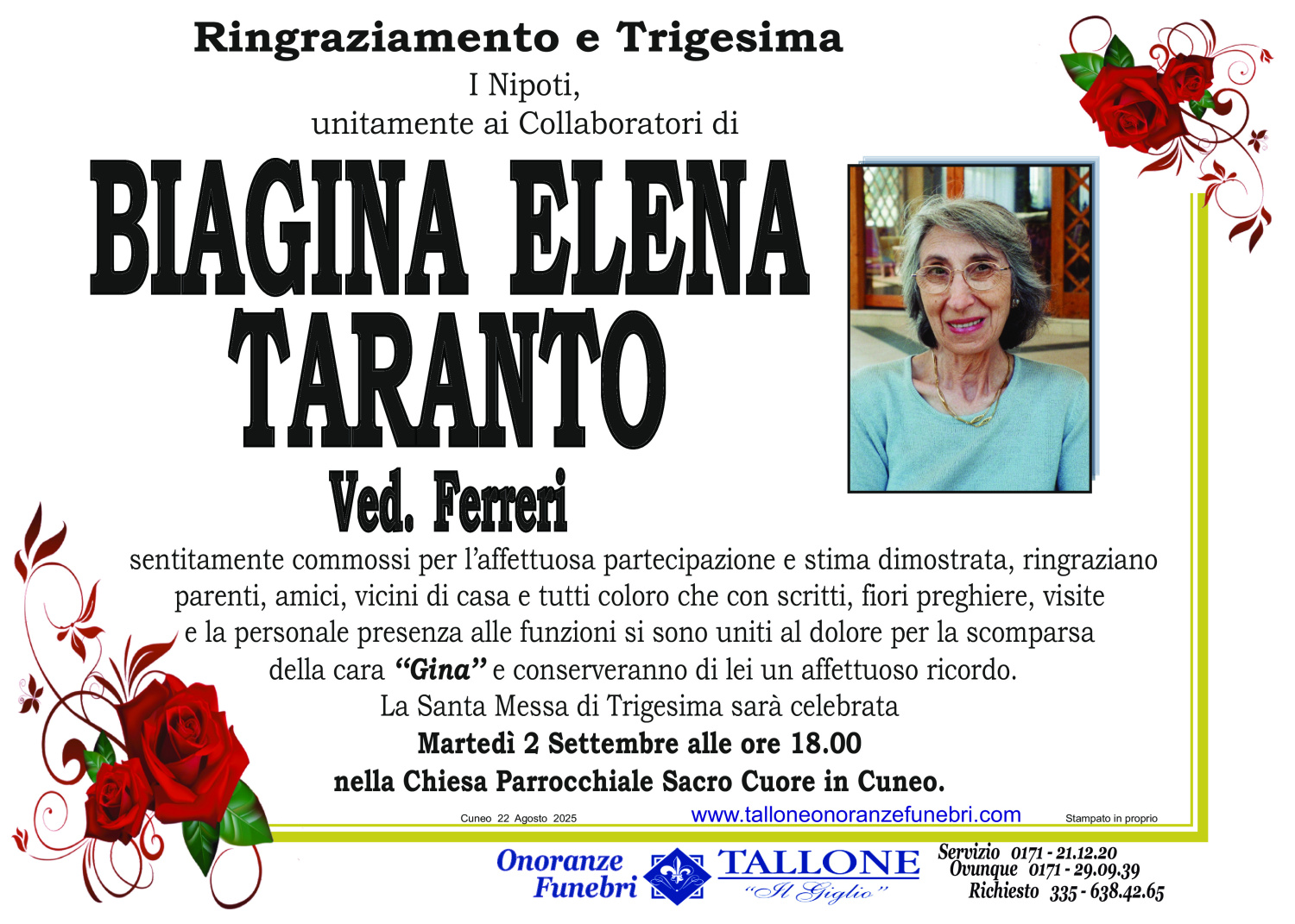 <br />
<b>Warning</b>:  Undefined variable $info in <b>/home/tallone/public_html/ringraziamenti.php</b> on line <b>68</b><br />
Biagina Elena Taranto